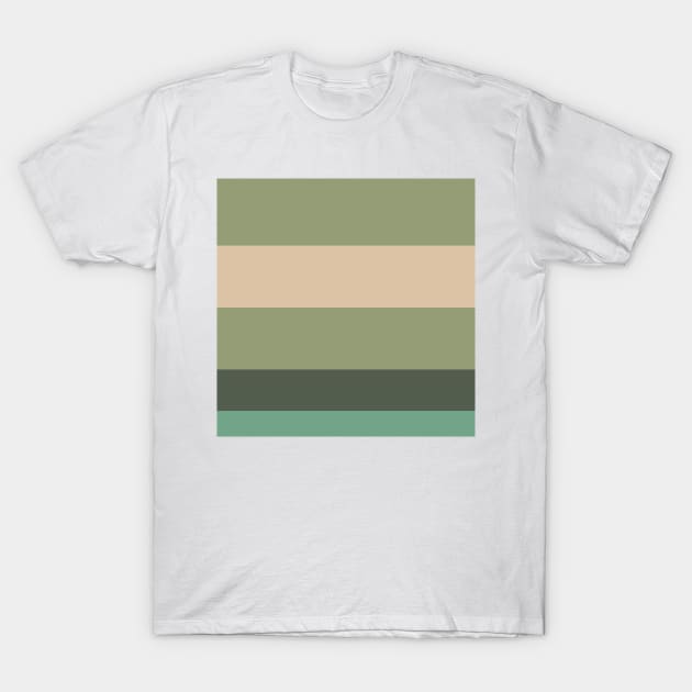 A selected federation of Camo Green, Beige, Artichoke, Greyish Teal and Ebony stripes. T-Shirt by Sociable Stripes